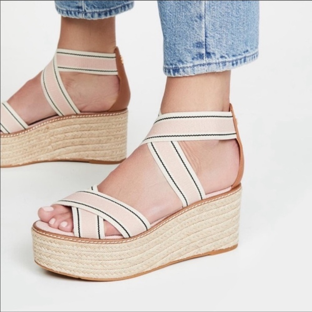 Tory Burch Frieda Espadrille -Stretch Webbing /Calf Leather &Strap Wedge Sandal - Picture 15 of 16